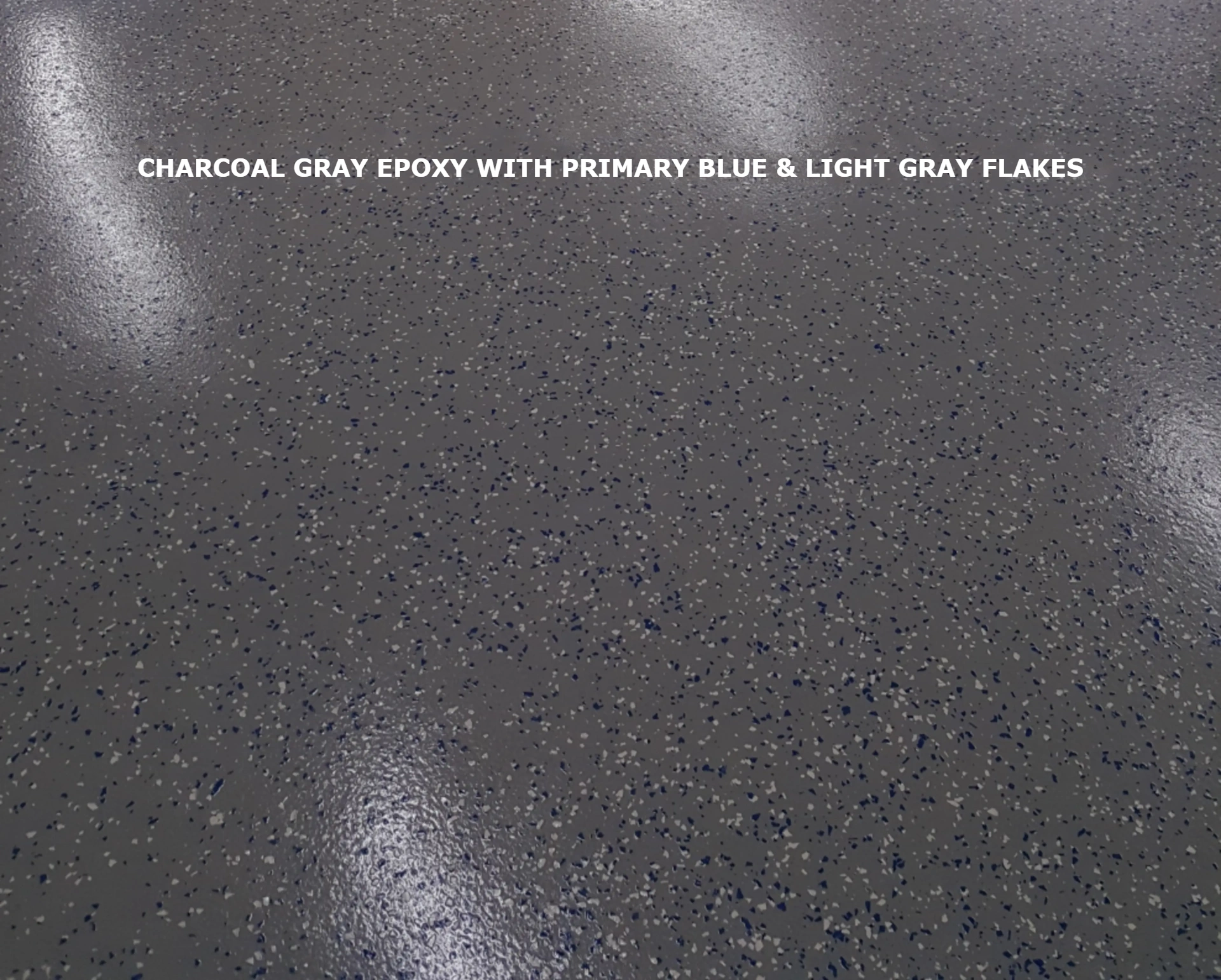 Close-up of Armor Chip epoxy floor texture — Charcoal Gray with Primary Blue & Light Gray Flakes
